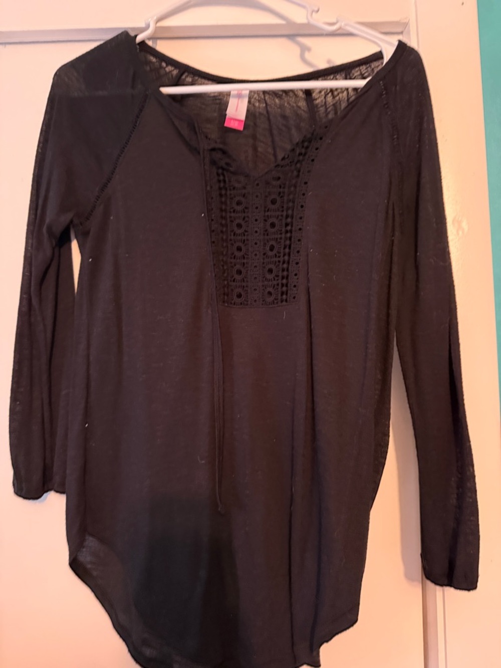 No Boundaries Black Long-Sleeve Tunic with Crochet Yoke
